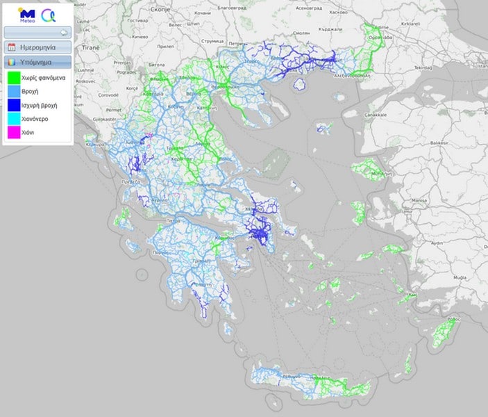 Χάρτης 1. Οι συνθήκες που θα επικρατήσουν στο οδικό δίκτυο της χώρας το μεσημέρι της Πέμπτης 10/12