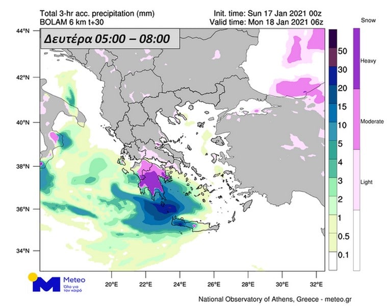Χάρτης 2α. Ύψος βροχόπτωσης και ένταση χιονόπτωσης κατά το τρίωρο 05:00-08:00 της Δευτέρας 18/1