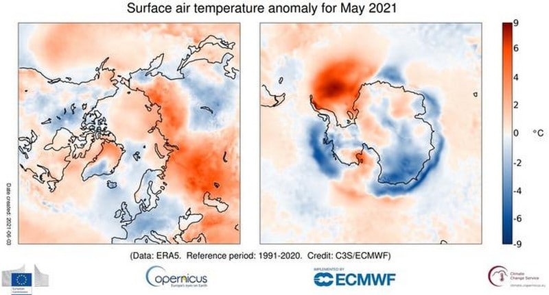 Copernicus: Αποκλίσεις επιφανειακής θερμοκρασίας αέρα για τον Μάιο του 2021