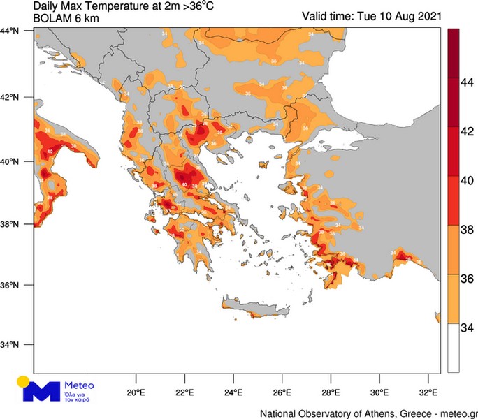 Χάρτης 2. Περιοχές όπου η μέγιστη θερμοκρασία κατά τη διάρκεια της Τρίτης 10/08 θα ξεπεράσει τους 36 ⁰C, όπως υπολογίζεται από το αριθμητικό μοντέλο πρόγνωσης καιρού του Εθνικού Αστεροσκοπείο Αθηνών / meteo.gr.   