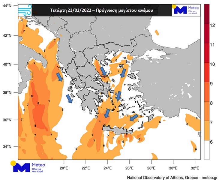 Χάρτης 2. Περιοχές όπου ο άνεμος θα ξεπεράσει τα 6 μποφόρ και επικρατούσα διεύθυνσή του