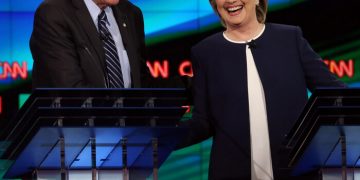 LAS VEGAS, NV - OCTOBER 13:  Democratic presidential candidates U.S. Sen. Bernie Sanders (I-VT) (L) and Hillary Clinton take part in a presidential debate sponsored by CNN and Facebook at Wynn Las Vegas on October 13, 2015 in Las Vegas, Nevada. Five Democratic presidential candidates are participating in the party's first presidential debate.  (Photo by Joe Raedle/Getty Images)