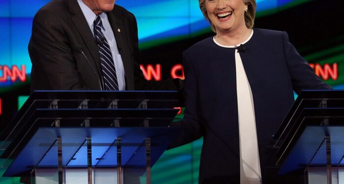 LAS VEGAS, NV - OCTOBER 13:  Democratic presidential candidates U.S. Sen. Bernie Sanders (I-VT) (L) and Hillary Clinton take part in a presidential debate sponsored by CNN and Facebook at Wynn Las Vegas on October 13, 2015 in Las Vegas, Nevada. Five Democratic presidential candidates are participating in the party's first presidential debate.  (Photo by Joe Raedle/Getty Images)