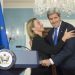 epa04574367 US Secretary of State John Kerry (R) and EU High Representative Federica Mogherini (L) embrace after holding a joint news conference, at the State Department in Washington, DC, USA, 21 January 2015. Kerry and Mogherini discussed a wide array of issues including the situation in Yemen, Cuba, the Ukraine and relations with Russia and possible sanctions against Iran.  EPA/MICHAEL REYNOLDS/2015-01-22 06:44:58/