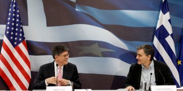 U.S. Treasury Secretary Jack Lew (L) and Greek Finance Minister Euclid Tsakalotos attend a news conference at the Finance Ministry in Athens, Greece,  July 21,  2016. REUTERS/Michalis Karagiannis