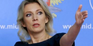 Spokeswoman of the Russian Foreign Ministry Maria Zakharova gestures as she attends a news briefing in Moscow, Russia