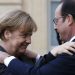 French President Francois Hollande (R) welcomes Germany's Chancellor Angela Merkel as she arrives at the Elysee Palace before the solidarity march (Rassemblement Republicain) in the streets of Paris January 11, 2015. French citizens will be joined by dozens of foreign leaders, among them Arab and Muslim representatives, in a march on Sunday in an unprecedented tribute to this week's victims following the shootings by gunmen at the offices of the satirical weekly newspaper Charlie Hebdo, the killing of a police woman in Montrouge, and the hostage taking at a kosher supermarket at the Porte de Vincennes.     REUTERS/Pascal Rossignol (FRANCE  - Tags: CRIME LAW POLITICS CIVIL UNREST SOCIETY)   - RTR4KWCH