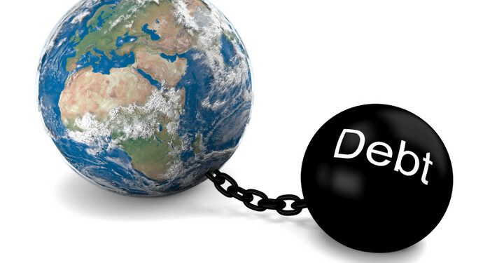 Concept of Earth imprisoned by big heavy debt. Elements of this image furnished by NASA