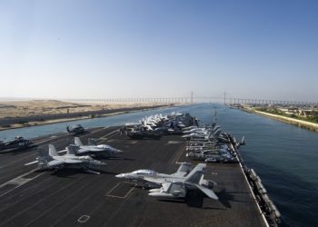 160708-N-QN175-009 SUEZ CANAL (July 8, 2016) - The aircraft carrier USS Dwight D. Eisenhower (CVN 69) approaches the Friendship Bridge as it transits the Suez Canal. The Eisenhower Carrier Strike Group is deployed in support of maritime security operations and theater security cooperation efforts in the U.S. 5th Fleet area of operations. (U.S. Navy photo by Mass Communication Specialist Seaman Dartez C. Williams/Released)