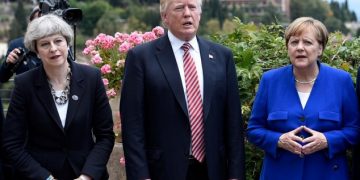 (L-R) Britain's Prime Minister Theresa May, US President Donald Trump and German Chancellor Angela Merkel arrive to watch an Italian flying squadron during the Summit of the Heads of State and of Government of the G7, the group of most industrialized economies, plus the European Union, on May 26, 2017 in Taormina, Sicily. The leaders of Britain, Canada, France, Germany, Japan, the US and Italy will be joined by representatives of the European Union and the International Monetary Fund (IMF) as well as teams from Ethiopia, Kenya, Niger, Nigeria and Tunisia during the summit from May 26 to 27, 2017. / AFP PHOTO / POOL / STEPHANE DE SAKUTINSTEPHANE DE SAKUTIN/AFP/Getty Images