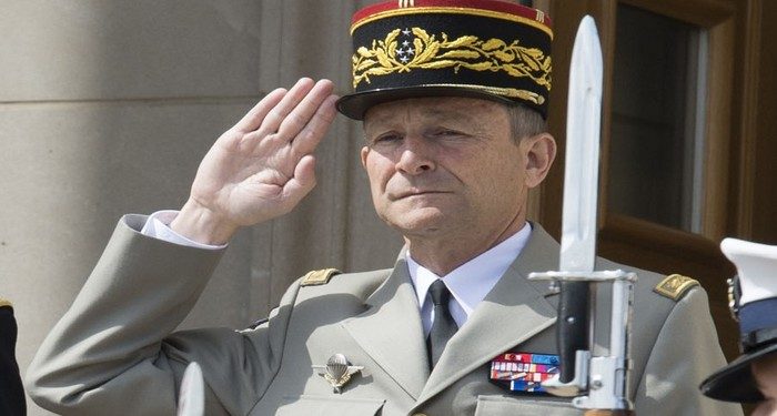 18th Chairman of the Joint Chiefs of Staff Army Gen. Martin E. Dempsey and French Chief of Defense Staff Gen. Pierre de Villiers salute in front of the Pentagon during an honor cordon in Arlington, Va., April 23, 2014. DoD photo by Mass Communication Specialist 1st Class Daniel Hinton