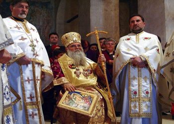 Macedonia (the former yugoslav republic of macedonia, fyrm) easter sunday mass led by archbishop timotei (center). Saint sofia orthodox church, ohrid