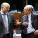 European Commissioner for Economic and Financial Affairs, Taxation and Customs Pierre Moscovici (L) and Italian Finance Minister Pier Carlo Padoan talk at the start of an EU finance ministers council in Brussels, Belgium, 10 November 2015.  EPA/OLIVIER HOSLET