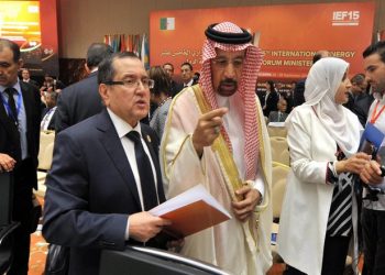 Algeria's Minister of Energy Noureddine Boutarfa, left, listens to Khalid Al-Falih Minister of Energy, Industry and Mineral Resources of Saudi Arabia as part of the 15th International Energy Forum Ministerial meeting in Algiers, Algeria, Tuesday, Sept. 27, 2016. At meetings in Algeria this week, energy ministers from OPEC and other oil-producing countries are discussing whether to freeze production levels to boost global oil prices. (AP Photo/ Sidali Djarboub)