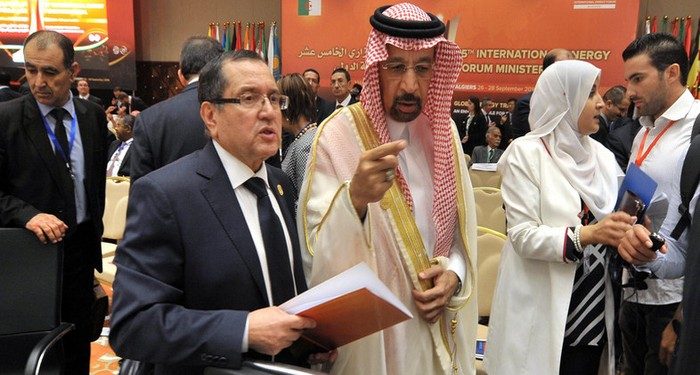 Algeria's Minister of Energy Noureddine Boutarfa, left, listens to Khalid Al-Falih Minister of Energy, Industry and Mineral Resources of Saudi Arabia as part of the 15th International Energy Forum Ministerial meeting in Algiers, Algeria, Tuesday, Sept. 27, 2016. At meetings in Algeria this week, energy ministers from OPEC and other oil-producing countries are discussing whether to freeze production levels to boost global oil prices. (AP Photo/ Sidali Djarboub)