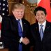 U.S. President Donald Trump, left, shakes hands with Shinzo Abe, Japan's prime minister, during a news conference at Akasaka Palace in Tokyo, Japan, November 6, 2017.   REUTERS/Kiyoshi Ota/Pool