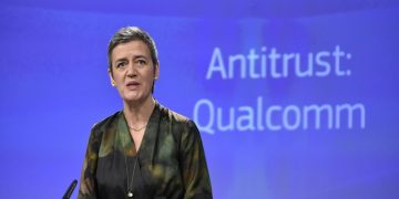 EU Competition Commissioner Margrethe Vestager gives a joint press conference at the EU Headquarters in Brussels, on January 25, 2018 as the EU hit US chipmaking giant Qualcomm with an antitrust fine of 997 million euros ($1.2 billion) for paying Apple to use its chips exclusively in iPhones and iPads.
 / AFP PHOTO / JOHN THYSJOHN THYS/AFP/Getty Images