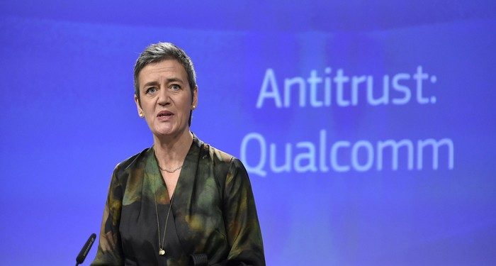 EU Competition Commissioner Margrethe Vestager gives a joint press conference at the EU Headquarters in Brussels, on January 25, 2018 as the EU hit US chipmaking giant Qualcomm with an antitrust fine of 997 million euros ($1.2 billion) for paying Apple to use its chips exclusively in iPhones and iPads.
 / AFP PHOTO / JOHN THYSJOHN THYS/AFP/Getty Images