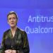 EU Competition Commissioner Margrethe Vestager gives a joint press conference at the EU Headquarters in Brussels, on January 25, 2018 as the EU hit US chipmaking giant Qualcomm with an antitrust fine of 997 million euros ($1.2 billion) for paying Apple to use its chips exclusively in iPhones and iPads.
 / AFP PHOTO / JOHN THYSJOHN THYS/AFP/Getty Images