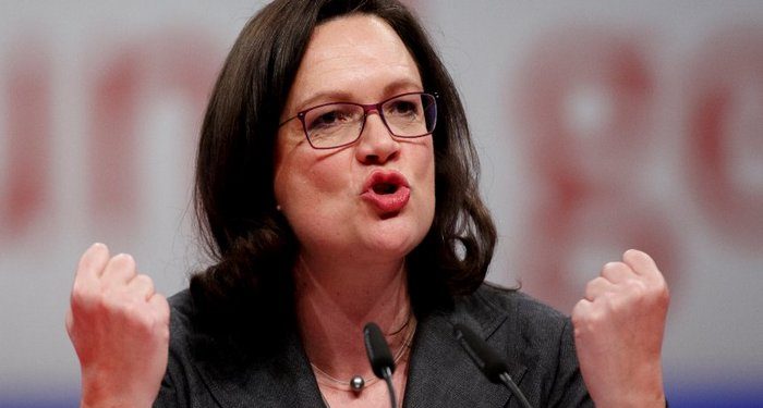 BERLIN, GERMANY - DECEMBER 07: Andrea Nahles (R), leader of the of the German Social Democrats (SPD) Bundestagsfaction, speaks at the SPD federal party congress on December 7, 2017 in Berlin, Germany. SPD delegates are meeting for the three-day congress to elect party leadership and also to vote on whether to pursue coalition negotiations with the German Christian Democrats (CDU/CSU). The CDU and CSU had pursued coalition talks with the German Greens Party and the Free Democratic Party (FDP), though those talks collapsed in November. Schulz and other SPD leaders had vowed the party would not seek a coalition with the Christian Democrats and would instead remain in the opposition following federal elections last September, though the November coalition talks collapse has led many in the SPD to reconsider. (Photo by Carsten Koall/Getty Images)