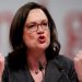 BERLIN, GERMANY - DECEMBER 07: Andrea Nahles (R), leader of the of the German Social Democrats (SPD) Bundestagsfaction, speaks at the SPD federal party congress on December 7, 2017 in Berlin, Germany. SPD delegates are meeting for the three-day congress to elect party leadership and also to vote on whether to pursue coalition negotiations with the German Christian Democrats (CDU/CSU). The CDU and CSU had pursued coalition talks with the German Greens Party and the Free Democratic Party (FDP), though those talks collapsed in November. Schulz and other SPD leaders had vowed the party would not seek a coalition with the Christian Democrats and would instead remain in the opposition following federal elections last September, though the November coalition talks collapse has led many in the SPD to reconsider. (Photo by Carsten Koall/Getty Images)