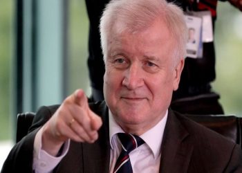 German Interior Minister Horst Seehofer points prior to the weekly cabinet meeting at the chancellery in Berlin, Germany, Friday, July 6, 2018. (AP Photo/Michael Sohn)