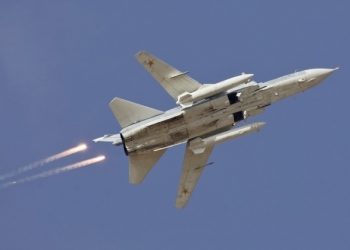 A Sukhoi Su-24 jet fighter drops flares during a joint Kazakh-Russian millitary exercise at Otar millitary range, some 150 km (93 miles) west of Almaty October 3, 2008.  REUTERS/Shamil Zhumatov (KAZAKHSTAN) - RTX96LP