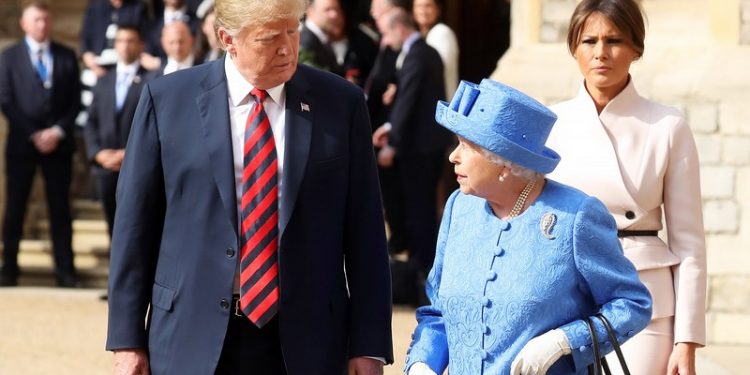 WINDSOR, ENGLAND - JULY 13:  Queen Elizabeth II, President of the United States, Donald Trump and First Lady, Melania Trump walk from the Quadrangle after inspecting an honour guard at Windsor Castle on July 13, 2018 in Windsor, England.  Her Majesty welcomed the President and Mrs Trump at the dais in the Quadrangle of the Castle. A Guard of Honour, formed of the Coldstream Guards, gave a Royal Salute and the US National Anthem was played. The Queen and the President inspected the Guard of Honour before watching the military march past. The President and First Lady then joined Her Majesty for tea at the Castle.  (Photo by Chris Jackson/Getty Images)