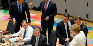 (FromL) Spain's Prime Minister Pedro Sanchez, Sweden's Prime Minister Stefan Lofven, Czech Republic's Prime Minister Andrej Babis, Slovakia's Prime Minister Peter Pellegrini, Luxembourg's Prime Minister Xavier Bettel, France's President Emmanuel Macron and Germany's Chancellor Angela Merkel attend an European Council meeting at The Europa Building in Brussels, on June 20, 2019. (Photo by JOHANNA GERON / POOL / AFP)        (Photo credit should read JOHANNA GERON/AFP/Getty Images)