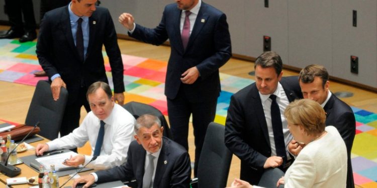 (FromL) Spain's Prime Minister Pedro Sanchez, Sweden's Prime Minister Stefan Lofven, Czech Republic's Prime Minister Andrej Babis, Slovakia's Prime Minister Peter Pellegrini, Luxembourg's Prime Minister Xavier Bettel, France's President Emmanuel Macron and Germany's Chancellor Angela Merkel attend an European Council meeting at The Europa Building in Brussels, on June 20, 2019. (Photo by JOHANNA GERON / POOL / AFP)        (Photo credit should read JOHANNA GERON/AFP/Getty Images)