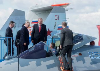 MOSCOW REGION, RUSSIA - AUGUST 27, 2019: Russia's President Vladimir Putin and Turkey's President Recep Tayyip Erdogan (L-R center) during the opening of the MAKS-2019 International Aviation and Space Salon in the town of Zhukovsky, Moscow Region. Mikhail Metzel/TASS