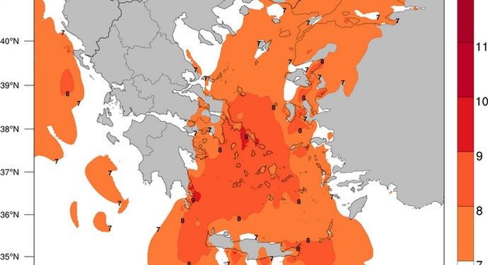 Χάρτης 1. Εκτιμώμενες μέγιστες εντάσεις ανέμου για την Παρασκευή 13/09/2019.