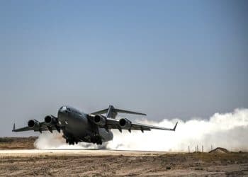 A U.S. Air Force C-17 Globemaster departs from an undisclosed location, June 23, 2018. The C-17 had just delivered equipment and supplies for base operations supporting Combined Joint Task Force-Operation Inherent Resolve. (U.S. Air Force Photo by Staff Sgt. Corey Hook)