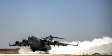 A U.S. Air Force C-17 Globemaster departs from an undisclosed location, June 23, 2018. The C-17 had just delivered equipment and supplies for base operations supporting Combined Joint Task Force-Operation Inherent Resolve. (U.S. Air Force Photo by Staff Sgt. Corey Hook)