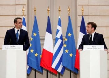 French President Emmanuel Macron and Greek Prime Minister Kyriakos Mitsotakis attend a joint statement at the Elysee Palace in Paris, France January 29, 2020. REUTERS/Benoit Tessier/Pool