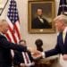 President Trump shakes hands with Chinese Vice Premier Liu He at the White House after announcing a "phase one" trade agreement with China on Oct. 11, 2019. The two leaders are meeting again in Washington on Wednesday to sign the deal.