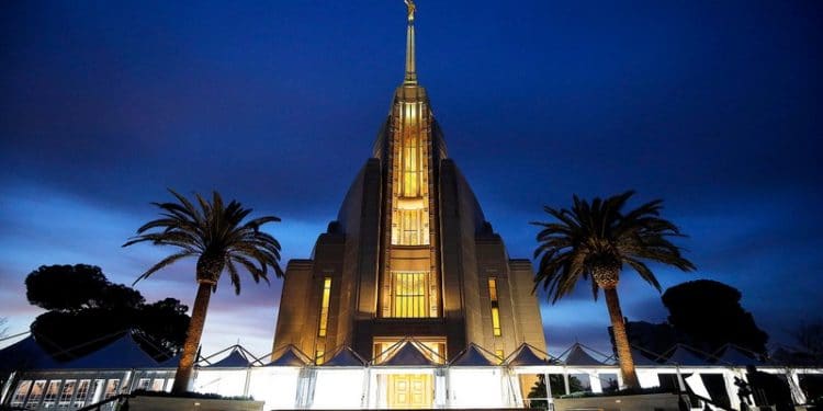 The Rome Italy Temple of The Church of Jesus Christ of Latter-day Saints is pictured after sunset on Sunday, Jan. 13, 2019.