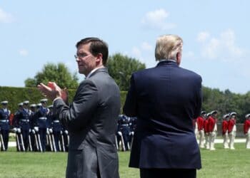 Defense Secreatary Mark Esper and U.S. President Donald Trump inspect the troops during a full honors welcome ceremony on the parade grounds at the Pentagon in Arlington, Virginia, on July 25. Mark Wilson/Getty Images