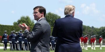 Defense Secreatary Mark Esper and U.S. President Donald Trump inspect the troops during a full honors welcome ceremony on the parade grounds at the Pentagon in Arlington, Virginia, on July 25. Mark Wilson/Getty Images