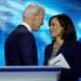 FILE - In this Sept. 12, 2019, file photo, Democratic presidential candidate former Vice President Joe Biden, left, and then-candidate Sen. Kamala Harris, D-Calif. shake hands after a Democratic presidential primary debate hosted by ABC at Texas Southern University in Houston. Biden has chosen Harris as his running mate. (AP Photo/David J. Phillip, File)