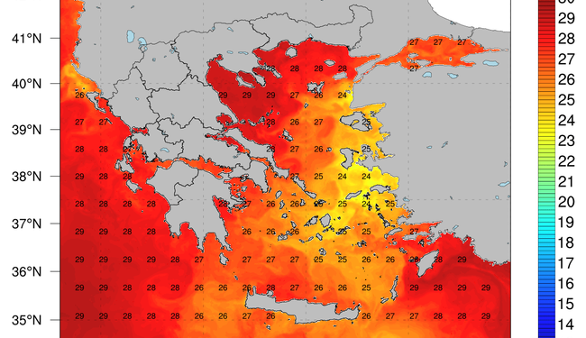 Η θερμοκρασία της επιφάνειας της θάλασσας (ºC) το Σάββατο 14 Αυγούστου 2021 από δορυφορικές μετρήσεις. 