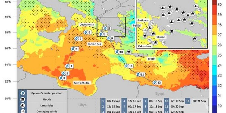 Εικόνα 1. Η πορεία που διένυσε ο Μεσογειακός Κυκλώνας Ιανός (μαύρη καμπύλη) μεταξύ 15 και 21 Σεπτεμβρίου 2020 και οι περιοχές που δέχθηκαν πλημμύρες, κατολισθήσεις και καταστροφικούς ανέμους (ένθετος χάρτης). 