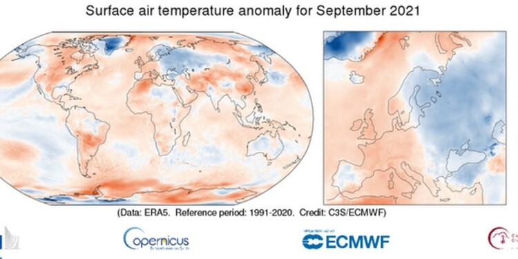 Σύμφωνα με το μηνιαίο κλιματικό δελτίο της Υπηρεσίας Κλιματικής Αλλαγής του Copernicus, ο Σεπτέμβριος του 2021 ήταν ένας από τους τέσσερις θερμότερους