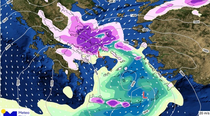 Γράφημα 2: Ο εκτιμώμενος αθροιστικός υετός 3ώρου σε μορφή χιονιού με μωβ αποχρώσεις και σε μορφή βροχής με πράσινες και μπλε αποχρώσεις μεταξύ 11:00-14:00 της Δευτέρας 24/01 απο το προγνωστικό μοντέλο του Εθνικού Αστεροσκοπείου Αθηνών / meteo.gr. Οι γκρίζες γραμμές απεικονίζουν την ατμοσφαρική πίεση στη μέση στάθμη της θάλασσας και τα λευκά βέλη την διεύθυνση του ανέμου στις 14:00 της Δευτέρας 24/01. 