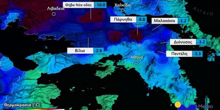 Παγετός σημειώνεται από τις πρώτες βραδινές ώρες της Τρίτης 25/01 στις χιονισμένες περιοχές της Βόρειας και Βορειοανατολικής Αττικής και της Βοιωτίας.