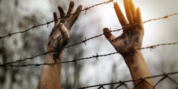 Refugee men and fence