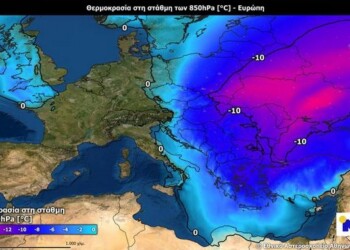 Εικόνα 1. Αριθμητική προσομοίωση των ψυχρών αερίων μαζών στην Ευρώπη το βράδυ της Τετάρτης 9/3 από το προγνωστικό μοντέλο του Εθνικού Αστεροσκοπείου Αθηνών / meteo.gr. Η στάθμη των 850 hPa αντιστοιχεί σε ύψος περίπου 1400μ πάνω από τη μέση στάθμη της θάλασσας.