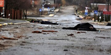 dead bodies in Bucha streets, ukraine