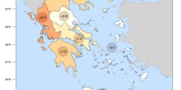 Σε όλα τα γεωγραφικά διαμερίσματα της χώρας μας καταγράφηκαν θετικές αποκλίσεις θερμοκρασίας, σε σύγκριση με τις μέσες τιμές της περιόδου 2010-2019. 