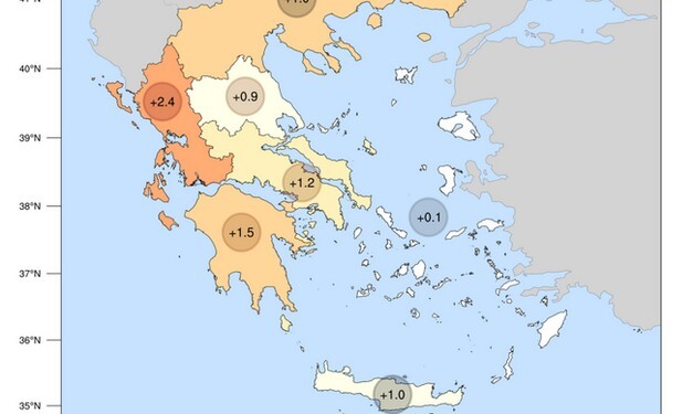 Σε όλα τα γεωγραφικά διαμερίσματα της χώρας μας καταγράφηκαν θετικές αποκλίσεις θερμοκρασίας, σε σύγκριση με τις μέσες τιμές της περιόδου 2010-2019. 